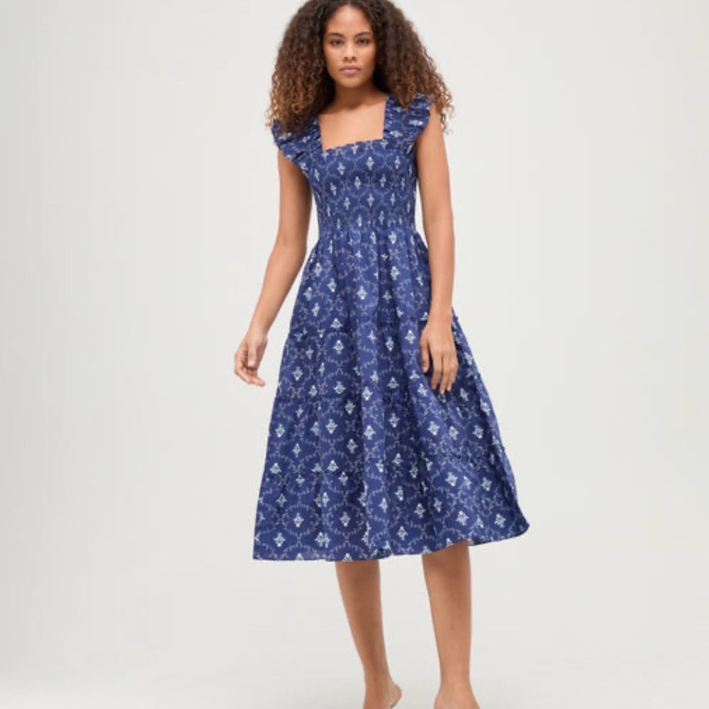 Hill House Navy trellis Blue Printed Square-Neck Midi Dress small